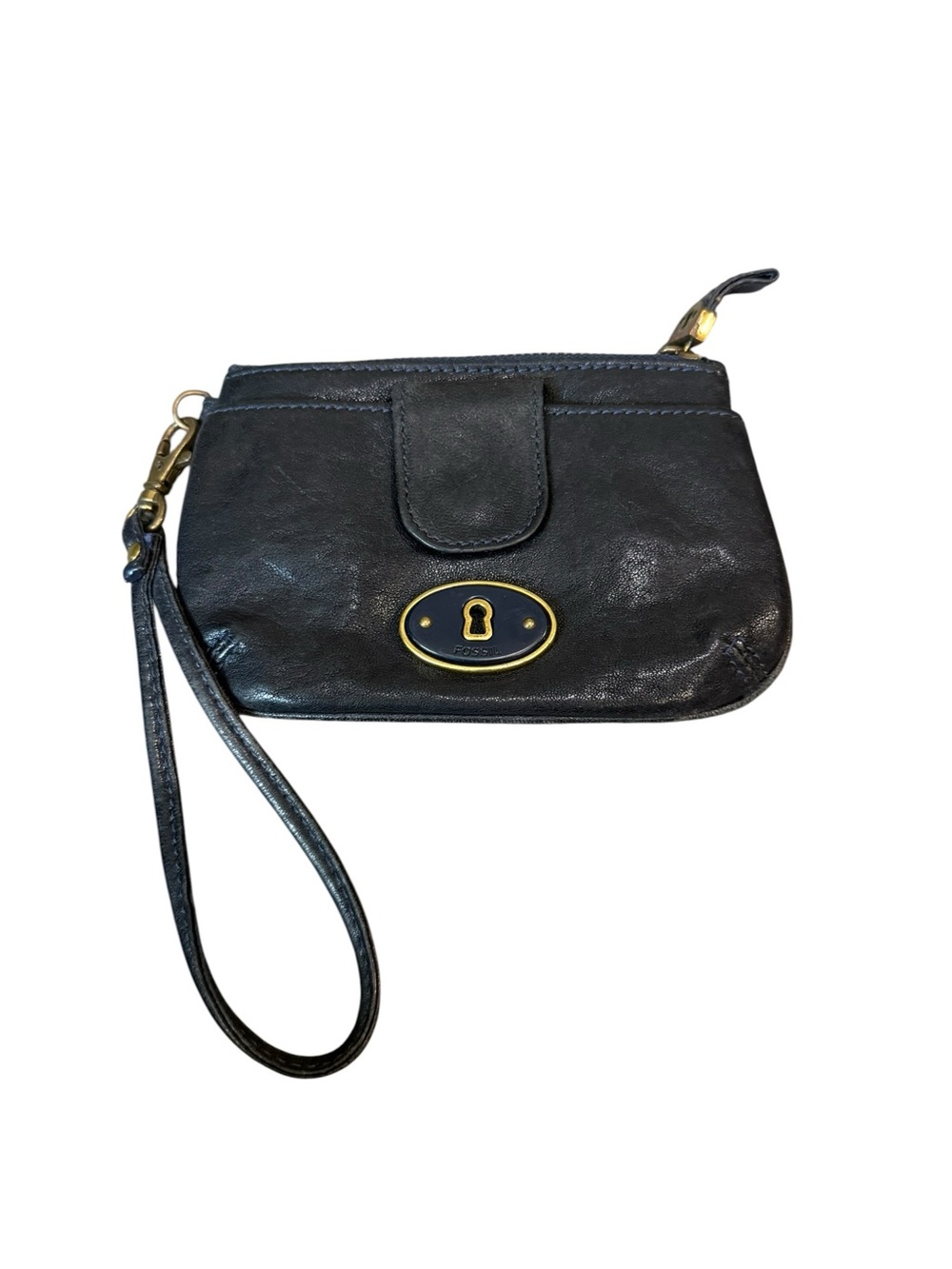 Fossil Black Leather Wristlet Clutch with Gold Accent